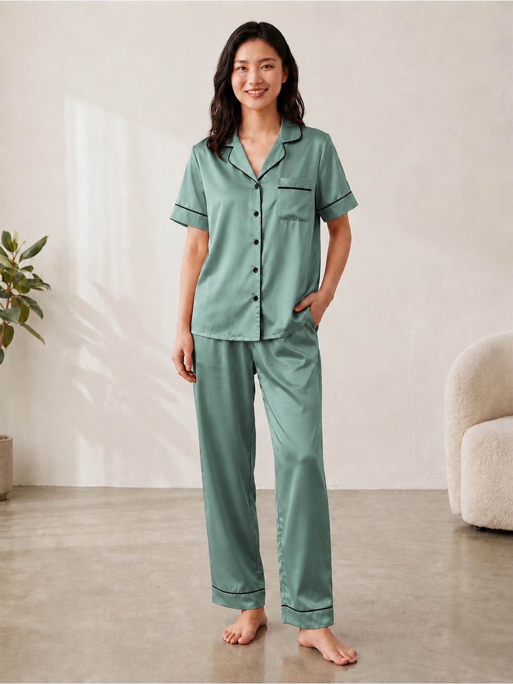 Women's Sage Green Satin Short-Sleeve Pajama Set